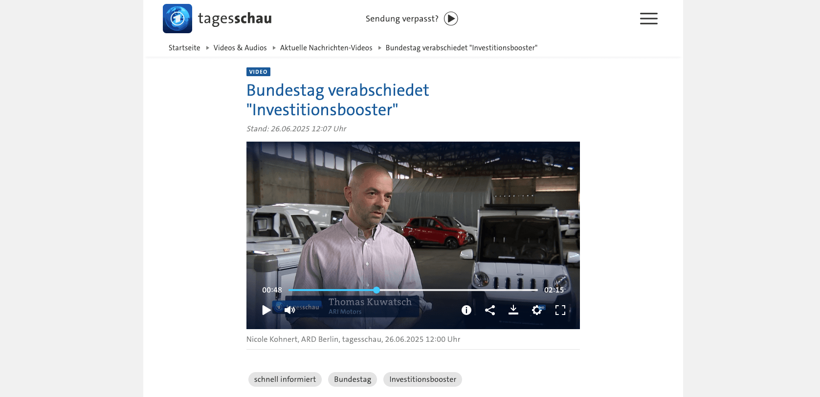 Die Tagesschau berichtet über ARI Motors und die geplanten Sonderabschreibungen der Bundesregierung